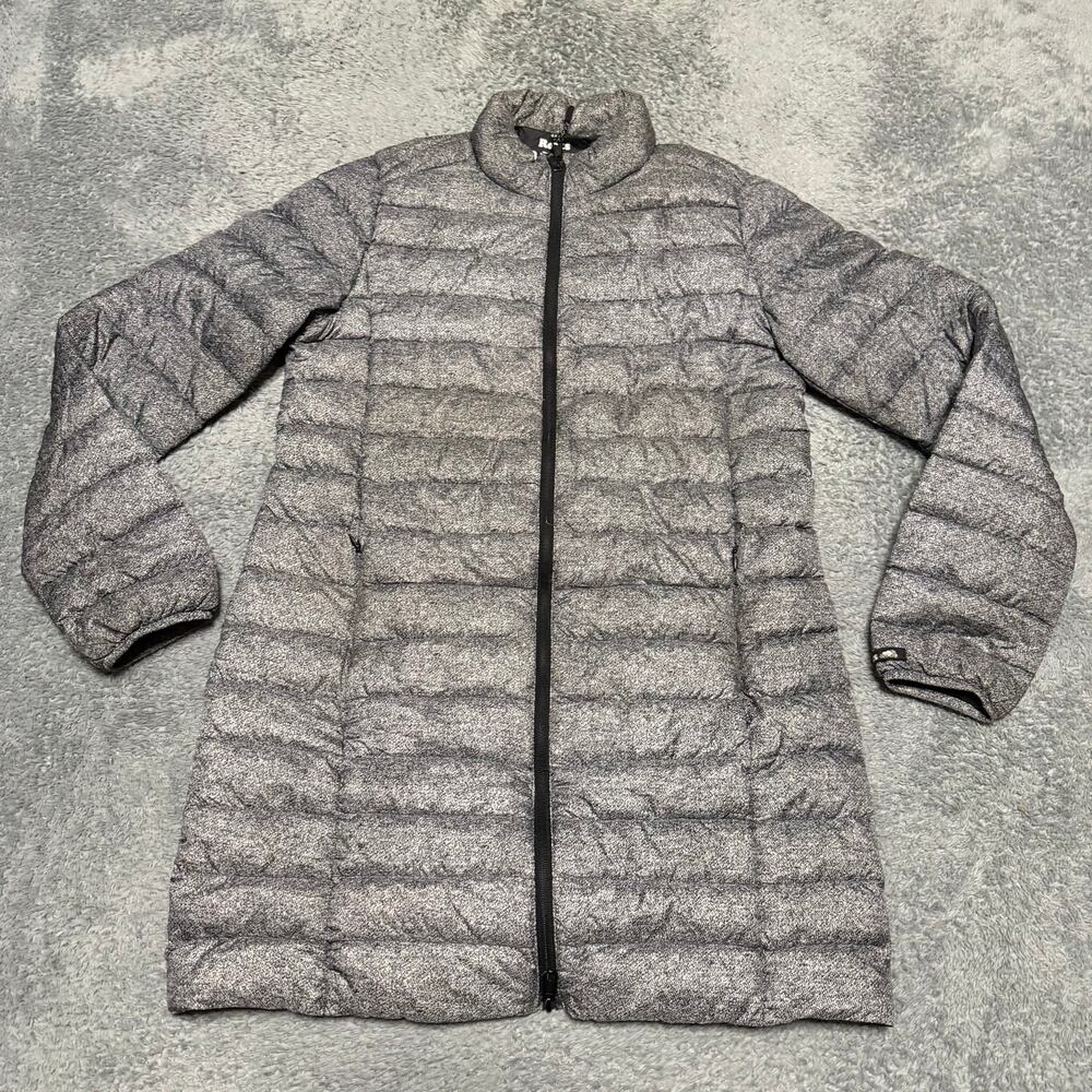 Roots Down Puffer Jacket Womens Medium Gray Hood Long Zip Lightweight Feather